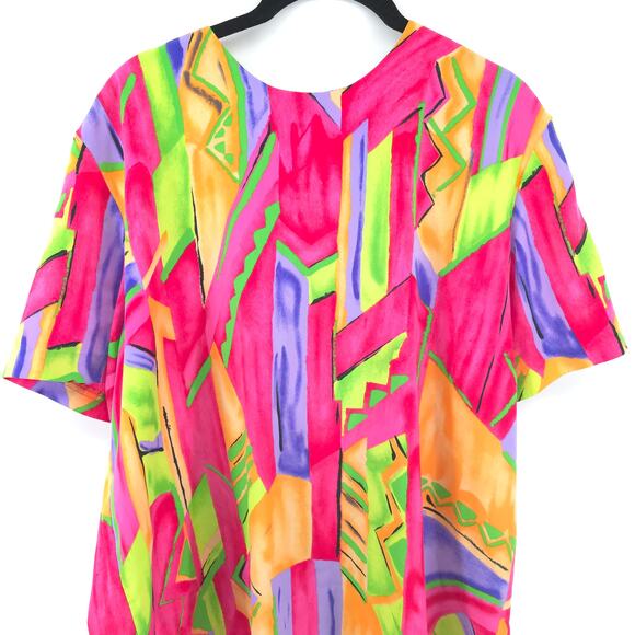Susan Graver Vintage 80/90s Corlorful Pop Fluorescent Geometric Pattern Blouse L - Picture 2 of 13